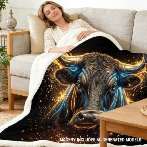Bull Sherpa Blanket Power Animal Print Throw Blanket for Men Soft Warm Cozy 50x60 Inches Neon Wealth Energy Design Office Bedroom Decor Motivational Gift for Birthday Housewarming Anniversary - Image 2