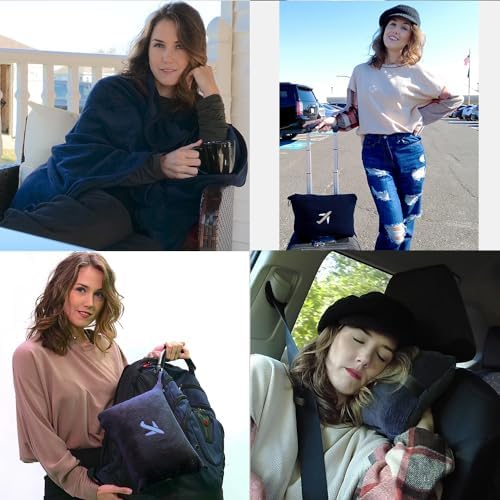BlueHills Mini Travel Blanket Pillows for Two Airplane Traveling Essentials Flight Throws in Bag case with Backpack Clip Compact Plane Accessories – Navy Blue and Beige - Image 2