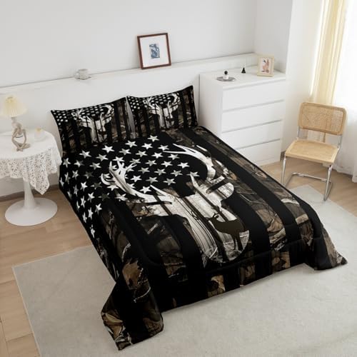 Camo American Flag Twin Comforter Set Boys,Deer Antlers Grey Camouflage Quilt Set Flags for Room Teens,Wild Animal Hunting Rustic Farm Branches Leaves Plant Stars Stripes USA Flag Bedding Set - Image 3