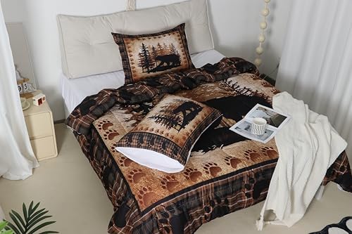 Castle Fairy Bear Print Full Size Comforter Set,Wild Animal Hunt Pine Trees Retro Bedding Comforters Bedroom Collection,Rustic Grid Plaid Cabin Decor Bedding Set for Girls Teens - Image 6