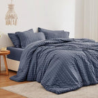Love's cabin Seersucker Navy Blue Queen Comforter Set, 7-Piece Bed in a Bag by Lovescabin