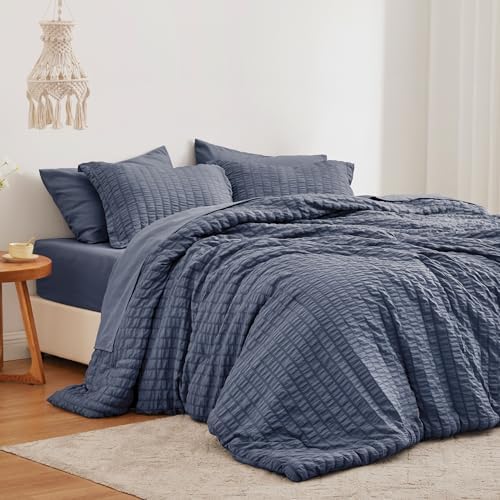 Love's cabin Seersucker Navy Blue Queen Comforter Set, 7-Piece Bed in a Bag by Lovescabin