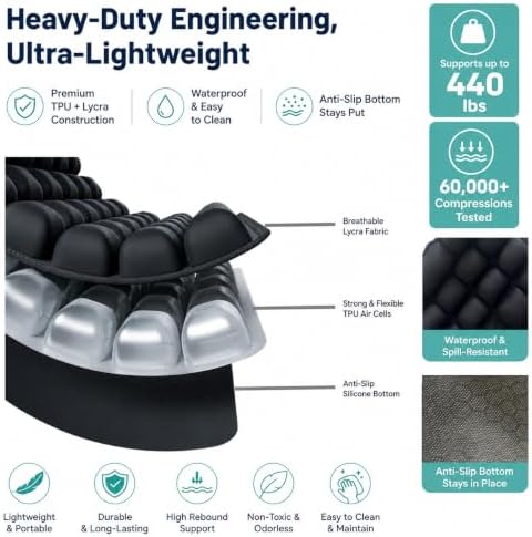 Inflatable Seat Cushion for Long Flights, Airplane Seat Cushion with 30 Air Cells, Portable Travel Cushion for Car Office Wheelchair – Press-to-Inflate, Ergonomic Support, Supports 440 lbs - Image 5