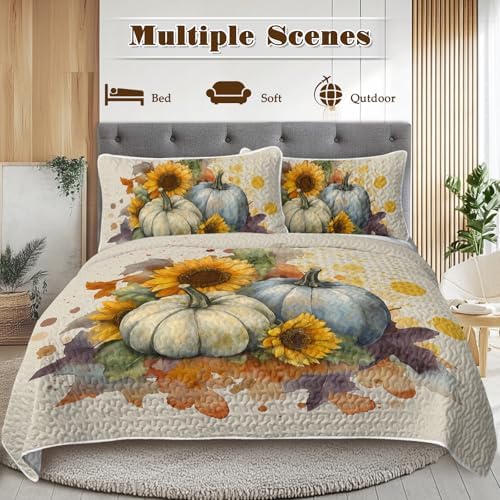 BlessLiving Queen Quilt Watercolor Pumpkin Sunflower Halloween Fall Bedding - Image 3