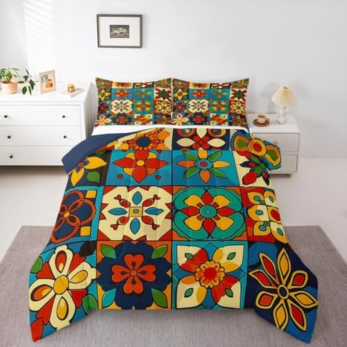 Erosebridal Colorful Mexican Talavera Tile Comforter Set King - Vintage Floral Bedding Set, Exotic Ethnic Bohemian Quilt for Kids Adults, Patchwork Flower Bedroom Decor - 2 Pillowcases - Image 2