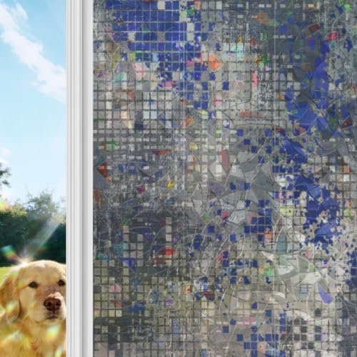 Window Privacy Film Static Cling, Blue Slate Gray Decorative Stained Glass Window Film for French Doors/Wide Windows/Statement Glass Panels, Geometric Modern Industrial Abstract Art 35.4 x 78.7 Inches - Image 4