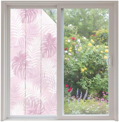 Window Privacy Film Frosted, Pink Yellow Palm Trees Tropical Non-Adhesive Static Cling Window Tint, Summer Beach Botanical Insulated Windows Frosted Films for Living Room, 35.4 x 78.7 Inches by Unknown