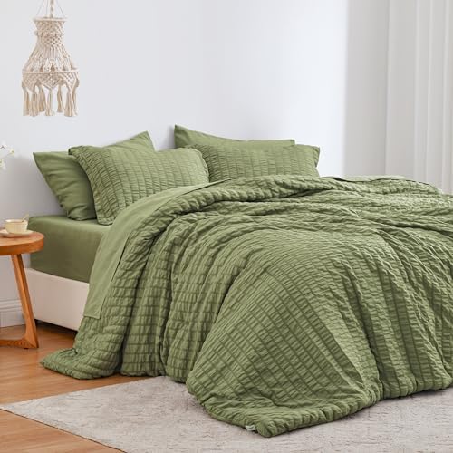 Seersucker Sage Green King Size Comforter Set, 7-Piece Bed in a Bag by Lovescabin