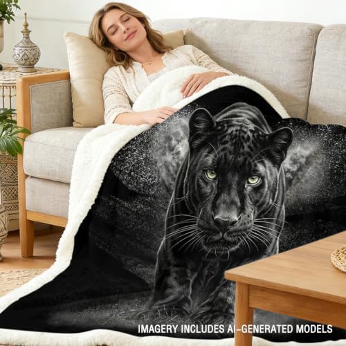 Black Panther Sherpa Blanket Dark Animal Print Throw Blanket for Men Bedroom Gamer Room Decor Soft Fuzzy Warm Cozy 60x80 Inches Luxury Wildlife Design Gift for Birthday Housewarming Anniversary - Image 2