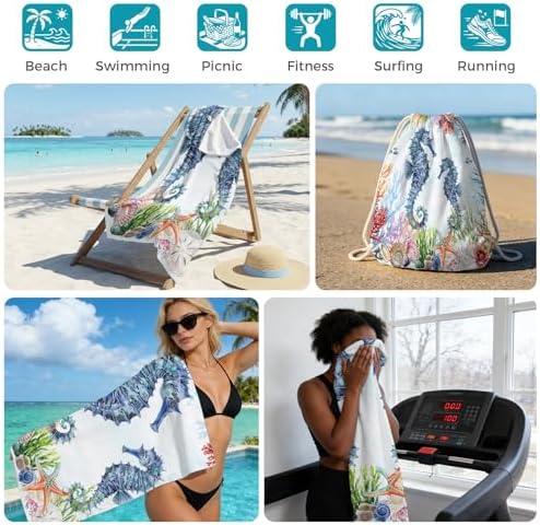 Beach Towel Bag 2 in 1 Ocean Seahorse Bath Pool Towels Backpack Marine Life Coral Absorbent Beach Towel Soft Quick Dry Lightweight Packable Towels Drawstring Bag for Travel Camping Sports Yoga Picnic - Image 5