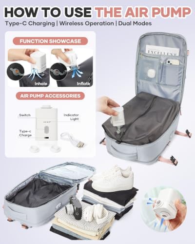 WONHOX Vacuum Seal Travel Backpack with Air Pump,Compression Vacpack Waterproof Carry On Backpack for Travel Women Men with Vacuum System,Airlines Approved Daypack Laptop Space Saver Bags,Grey - Image 2
