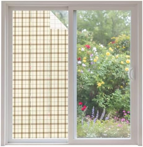 Window Privacy Film Frosted, Beige Brown Plaid Non-Adhesive Static Cling Window Tint, Vintage Farmhouse Checkered Rustic Insulated Windows Frosted Films for Living Room, 35.4 x 78.7 Inches by Unknown