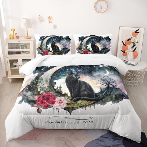 Nttopship Black Cat Comforter Set for Adults 3Pcs,Moonlit Night Cat Bedding Queen Size Soft Warm Bedding for All Season Room Decor with 1 Comforter and 2 Pillow Case - Image 2