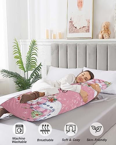Pink Snowman Christmas Body Pillow Case Cover, Xmas Tree Birds Microfiber Bed Throw Pillow Covers, Winter Snowflake Decorative Lumbar Pillow Cover with Envelope Closure for Sofa/Travel 20"x54" - Image 4