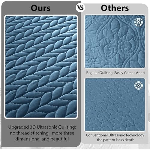 Twin Quilt Set Bedspread Coverlet Microfiber Bedding Leaf Washed Blue 68x86 - Image 3
