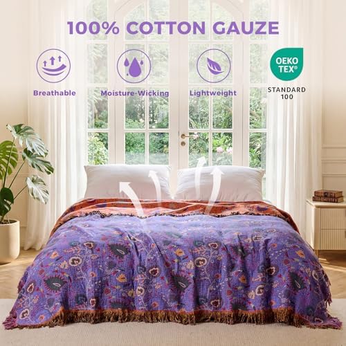 LUTBM Boho Throw Blanket for Bed 60"x80", 100% Cotton Purple Couch Blankets - Image 2