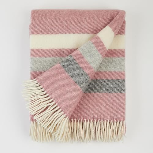 New Zealand Virgin Wool Throw Blanket, Indoor & Outdoor Blankets and Throws, Striped Soft Blanket with Fringes, 55 x 79 in (140 x 200 cm), Pink, Gray, & White - Image 2