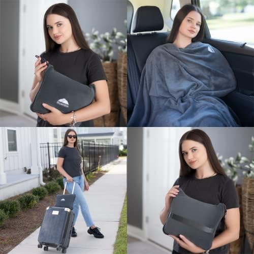 BlueHills Long Travel Blanket Pillows for Two Airplane Traveling Essentials Flight Throws in Bag case with Backpack Clip Compact Large Plane Accessories – Gray and Pink - Image 2