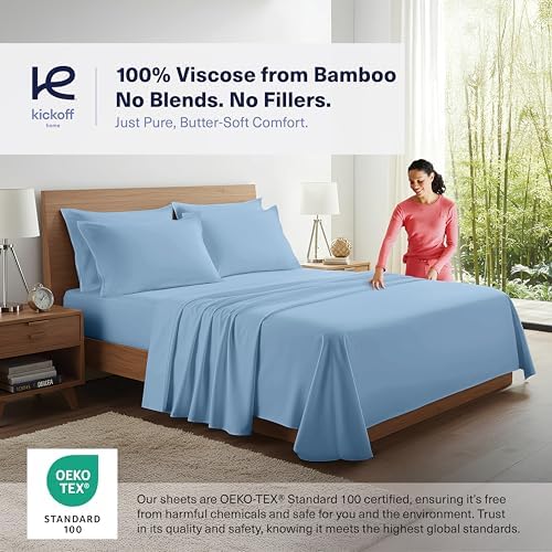 Kickoff Viscose Bamboo Sheets Queen Size 4-pc 100% Organic Bamboo Viscose Bed Cooling Sheets Queen Size Set Cool Bedding for hot Sleepers Sheet Set - Gift Ready Packaging (Light Blue, Q) - Image 3