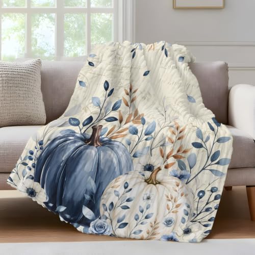 Fall Throw Blanket, Blue Pumpkin Thanksgiving Fluffy Soft Blankets for Couch Bed Travel, Autumn Eucalyptus Leaves Plush Microfiber Striped Flannel Blankets, Vintage Lightweight Sofa Blankets 50"x60" - Image 2