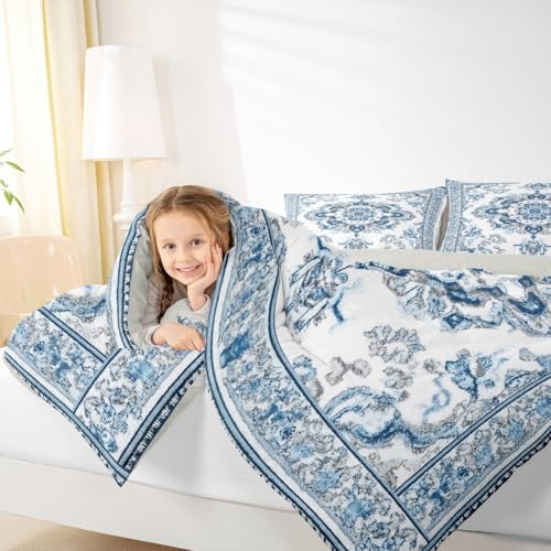 Erosebridal Vintage Floral King Comforter Set - Light Blue and White Flower Bedding Sets for Kids Adults | Retro Aesthetic Flowers Bed Set | Farmhouse Room Decor with 2 Pillowcases - Image 4