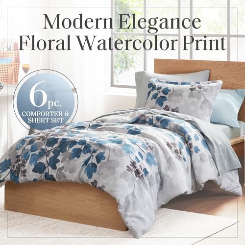 Madison Park Essentials Twin XL Comforter Set, Floral Bed in a Bag Blue 6PC - Image 2