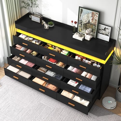 jiteentarou 12 Drawer Dresser with Charging Station and LED Lights, Modern Chest of Drawers with Power Outlet, Organizer Cabinet for Bedroom, Living Room, Entryway, Black - Image 4