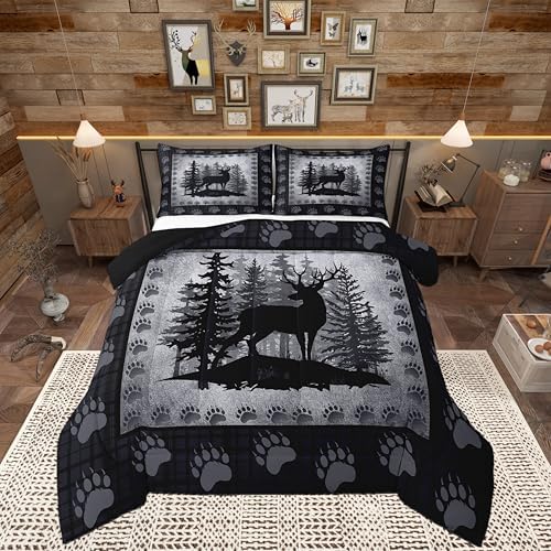 Rustic Deer Kids Comforter Set Queen Size,Wild Animal Bear Paw Print Bedding Set Hunting Cabin Decor Quilt Set for Adult Bedroom,Pine Trees Grid Plaid Polyetser Bed Duvet Insert, 2 Pillowcases by CastleFairy
