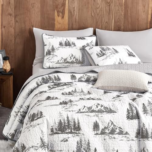 Wake In Cloud - Rustic Quilt Set, Cabin Forest Woodland Camping Theme with Lodge Mountain Print, Reversible Lightweight Bedspread Coverlet, 3 Pieces, Grey White, Queen/Full Size - Image 5