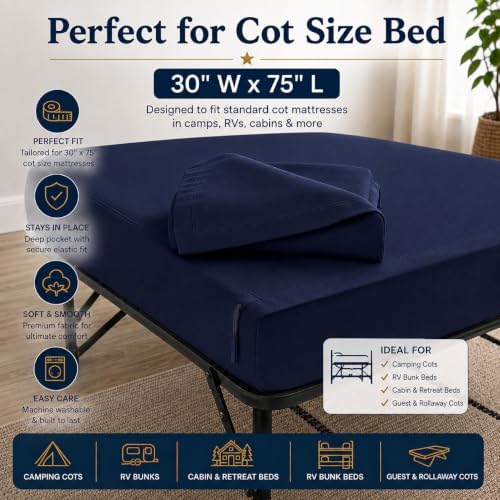 Zipper Cot Fitted Sheet, 30 x 75 Camping Cot Mattress Sheets, 400 Thread Count 100% Cotton, Includes 1 Wraparound Base, 2 Removable Zipper Top Sheets & 2 Pillowcases, 8 Inch Deep Pocket, Navy Blue - Image 2