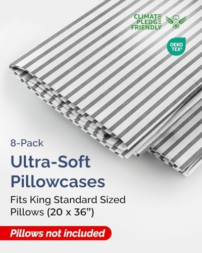 King Standard Pillow Cases Set of 8 - Soft Pillowcase Covers - Grey Stripes - Image 2