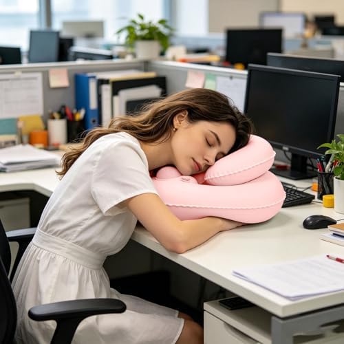 Double-Layer Inflatable Neck Pillow, Press-to-Inflate U-Shaped Pillow, Portable Neck Support for Office Trip Travel, Pink - Image 2