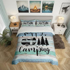 Castle Fairy Rustic Farmhouse Style Duvet Cover Queen Size,Camper Comforter Cover with 2 Pillowcase for Teens Adults,Happy Camping Black Sketch Drawing Breathable 3 Pieces Decorative Bed Cover by CastleFairy