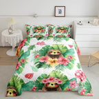 Erosebridal Cartoon Sloth Comforter Set Kawaii Sloth Bedding Palm Leaf Cherry Blossom Monstera Quilt Hawaiian Tropical Leaf Animal Duvet Insert for Kids Boys Girls, 3Pcs Full Size by Erosebridal