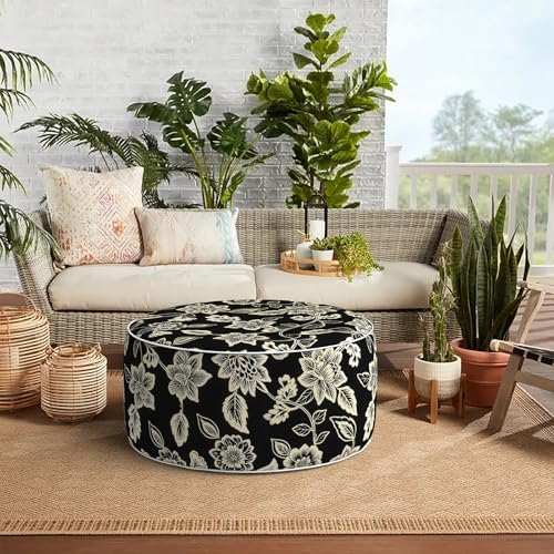 Indoor/Outdoor Inflatable Ottoman, Water Repellent Round Foot Rest Ottomans D31 x H14 inch, Portable Footstool for Patio Garden Camping or Home, Elegant Vines Black - Image 7