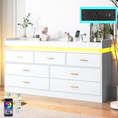jiteentarou 7 Drawer Dresser with Charging Station and LED Lights, Modern Chest of Drawers with Power Outlet, Organizer Cabinet for Bedroom, Living Room, Entryway, White by jiteentarou