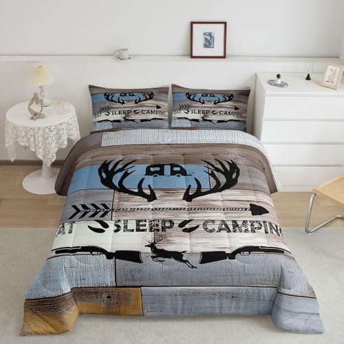 Erosebridal Camping Hunting Bedding Sets Rustic Elk Deer Down Comforter King Farmhouse Camper Theme Bedding Comforter Set for Kids Adults,Eat Sleep Hunt and Camp Quilt Set 2 Pillow Cases Grey Blue - Image 2
