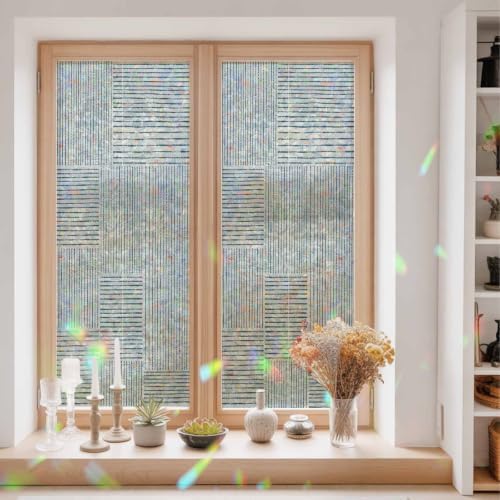 Window Privacy Film Static Cling, Blue Modern Striped Decorative Stained Glass Window Film for Sliding Patio Doors/Living Room Glass Doors, Grid Line Blocks Farmhouse 29.5 x 78.7 Inches - Image 3