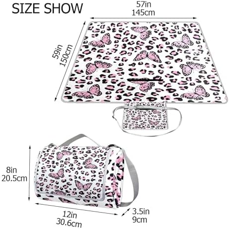 MNSRUU Picnic Blanket Waterproof Foldable, Pink Leopard Butterfly Large Outdoor Picnic Beach Camping Blanket Travel Mat, Shoulder Strap Tote, Rectangle 57x59in - Image 3