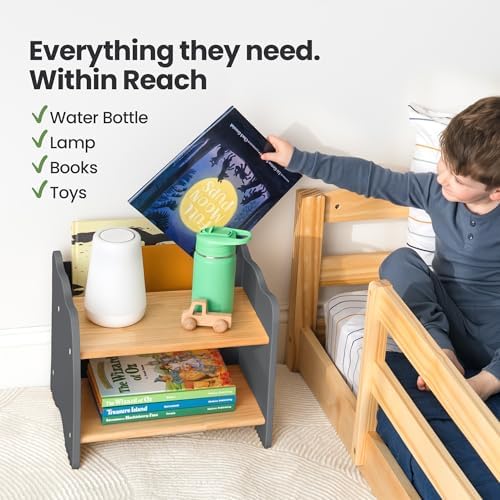 Ocodile Kids Nightstand for Floor Beds, Solid Wood Small Bedside Table with Book Pocket, Low Tiny Nightstand for Nursery, Toddler & Kids Room, Montessori Style Side Table - Gray - Image 4