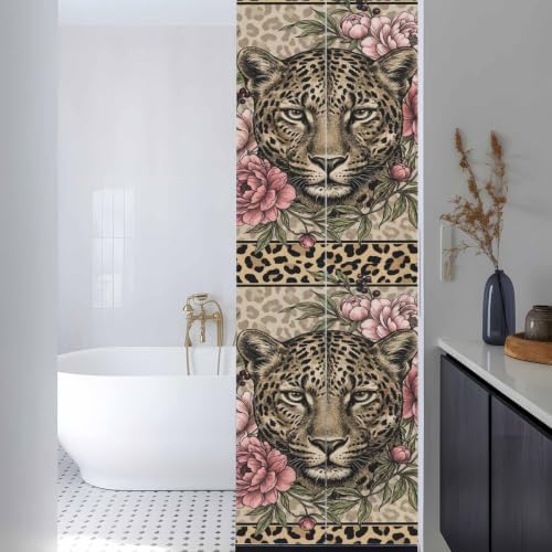 Window Privacy Film Frosted, Leopard Print Reusable Static Cling Window Tints, Vintage Peony Flower Chic Cheetahs Texture Heat Control Windows Films for Offices, Balcony, 29.5 x 118 Inches - Image 3