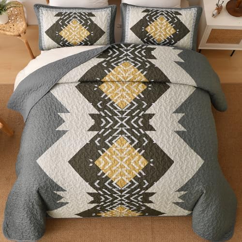 Dintszyayue Aztec Quilt Set Queen, Gray Yellow Boho Lightweight Bedspread - Image 3