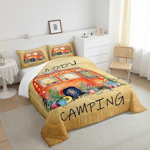 Erosebridal Camper Car Bedding Set Twin Happy Camping Comforter Set,Cute Rustic Farmhouse Floral Comforter for Kids Boys Girls Adults Retro Travel Camping Quilt Duvet Sets 1 Pillow Case RV Decor - Image 4