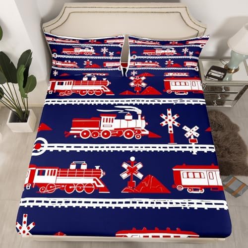 Erosebridal Train Fitted Sheet Cartoon Car Toddler Bedding Set, Traffic Transportation Track Bed Sheets for Kids Teens Vintage Steam Engine Railway Decor Sheets Room Queen 3Pcs, No Flat Sheet by Erosebridal