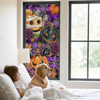 Window Privacy Film Frosted, Pumpkins Halloween Static Cling Door Window Covering, Black Horror Purple Check Floral UV Blocking Windows Film for Office, Hotel, Bedroom, 29.5 x 78.7 Inches - Image 2
