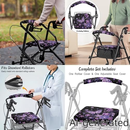LedBack 3 Pcs Sets Rollator Walker Accessories Purple Butterflies Lightweight Rollator Walker Seat & Backrest Covers, Rollator Storage Basket - Image 4