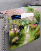 Sofa Armrest Organizer Bedside Caddy, Spring Pink Green Non Slip Couch Remote Control Holder for Recliner, Pastoral Oil Painting Country Flowers Armchair Caddy with Pocket for Magazine, 19.7"x35" - Image 3