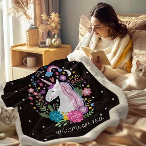 Sleepwish Unicorn Blanket Unicorn Throw Blankets for Girls Cute Unicorn Fleece Blanket for Women Unicorn Flower Fluffy Blanket Black Pink Sherpa Plush Blanket Throw for Kids Childrens Gifts (50"x60") - Image 3