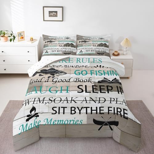 Castle Fairy Lake House Bedding Set Twin Size,Fishing and Boating Comforter 2pcs Kids Teens Boys Men Bedroom Decor Rustic Farmhouse Wood Quilted Duvet Outdoor Adventure Camper Insert,1 Pillowcase by CastleFairy