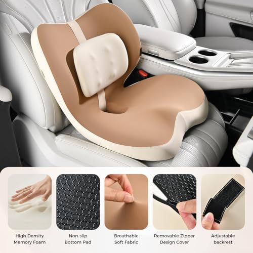 FLORICH 2 in1 Truck Seat Cushion and Lumbar Support Pillow Memory Foam Car Seat Cushion with Adjustable Strap for Truck Driver Long Drives, Fits Semi Truck Seat,Car,Office&Gaming Chair(Light Brown) - Image 2